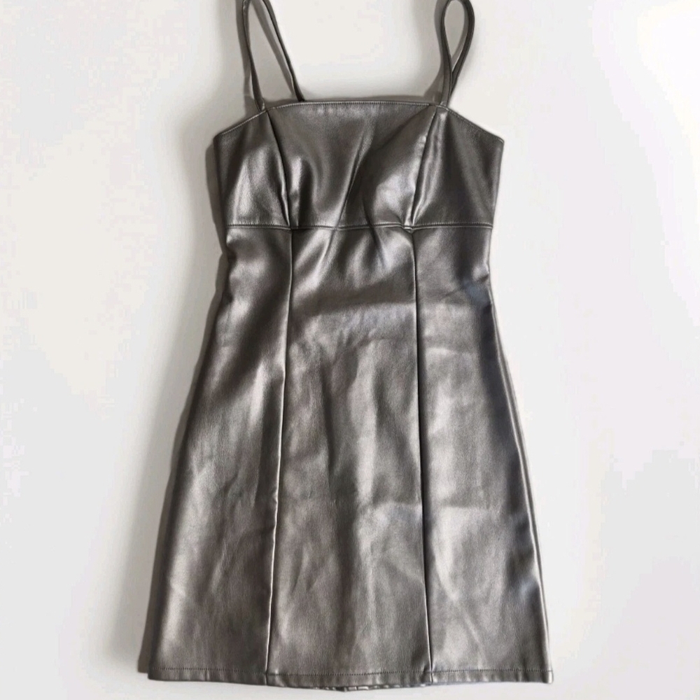 Silver Faux Leather Mini Slip Dress with Thin Straps